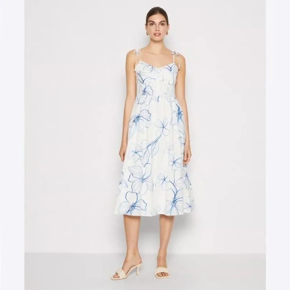 GAP 100% Linen Blue Floral Midi Dress Tie Straps Smocked Back Size XL